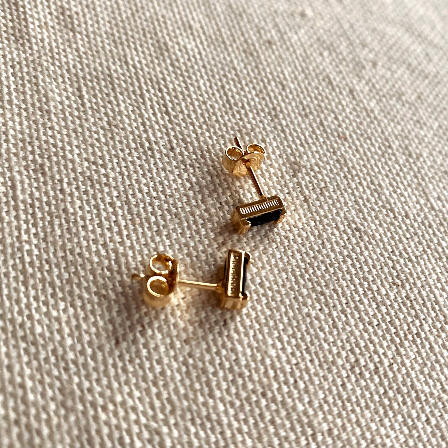 Black Cubic Zirconi Baguette Stud Earrings In Gold Filled